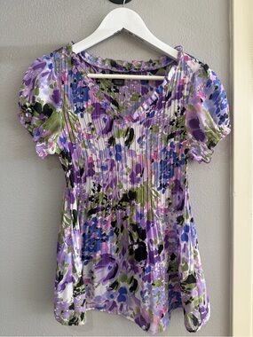 Sunny Taylor Purple Floral Pleated V-Neck Tunic